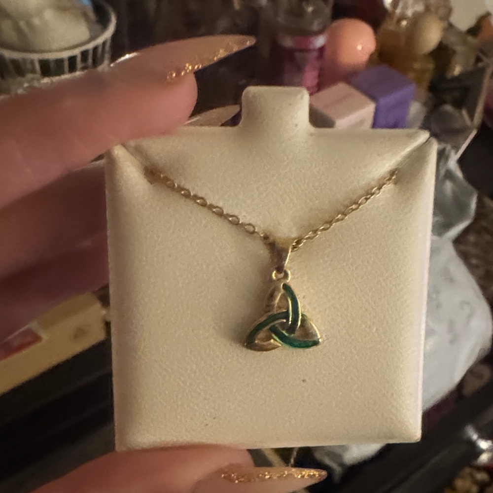 Gold and Green Trinity Knot Pendant Necklace